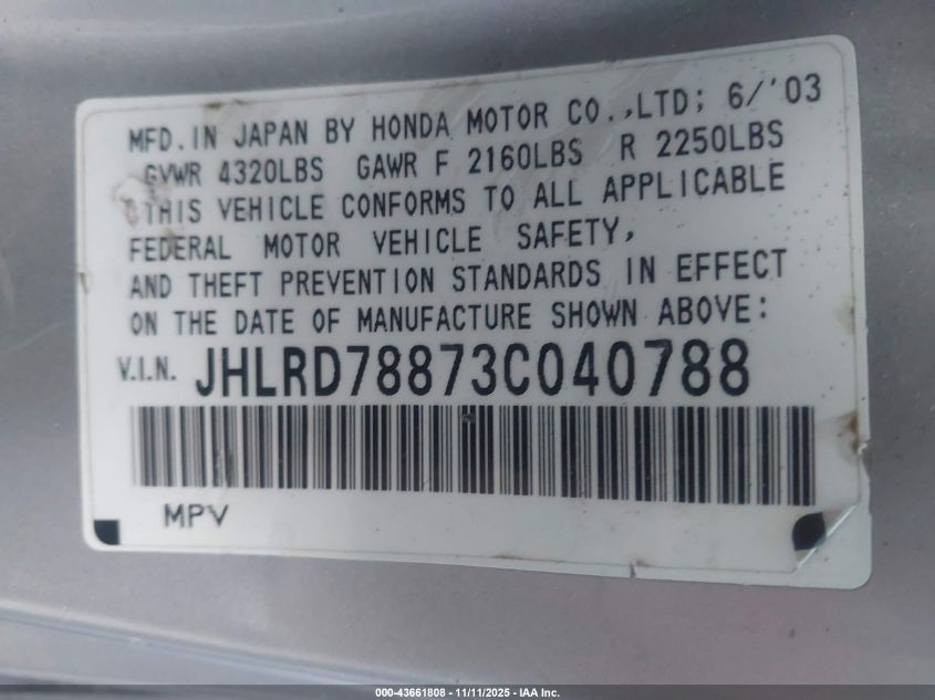 2003 Honda Cr-V Ex VIN: JHLRD78873C040788 Lot: 43661808