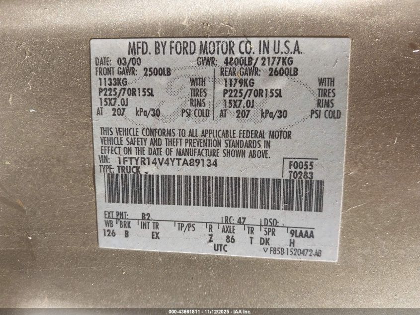 2000 Ford Ranger Super Cab VIN: 1FCYR14V4YTA89134 Lot: 43661811