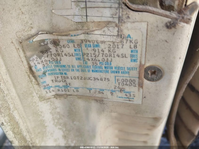 1988 Ford Ranger VIN: 1FTBR10T2JUC34875 Lot: 43661812