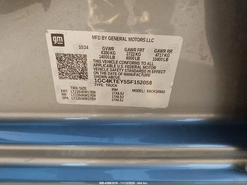 2025 Chevrolet Silverado 3500Hd 4Wd Long Bed Lt VIN: 1GC4KTEY5SF152058 Lot: 43661816