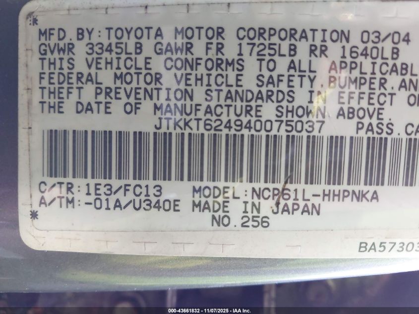 2004 Scion Xa VIN: JTKKT624940075037 Lot: 43661832