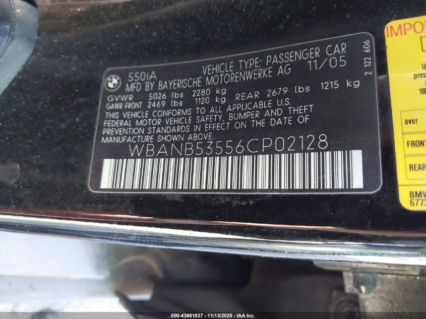 2006 BMW 550I VIN: WBANB53556CP02128 Lot: 43661837