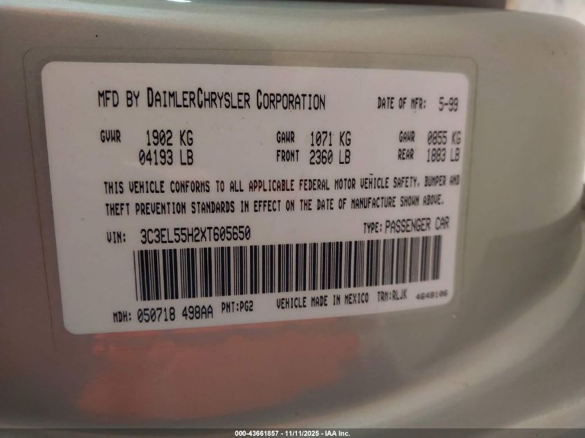 1999 Chrysler Sebring Jxi VIN: 3C3EL55H2XT605650 Lot: 43661857