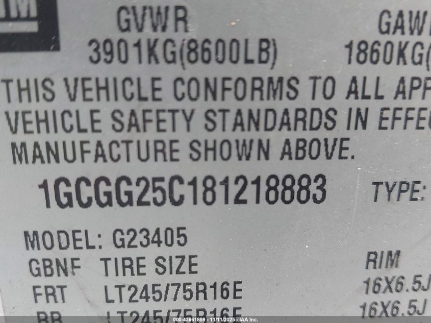 2008 Chevrolet Express Work Van VIN: 1GCGG25C181218883 Lot: 43661859