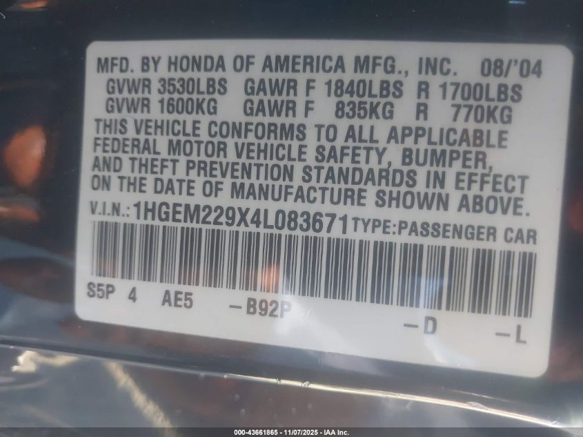 2004 Honda Civic Ex VIN: 1HGEM229X4L083671 Lot: 43661865