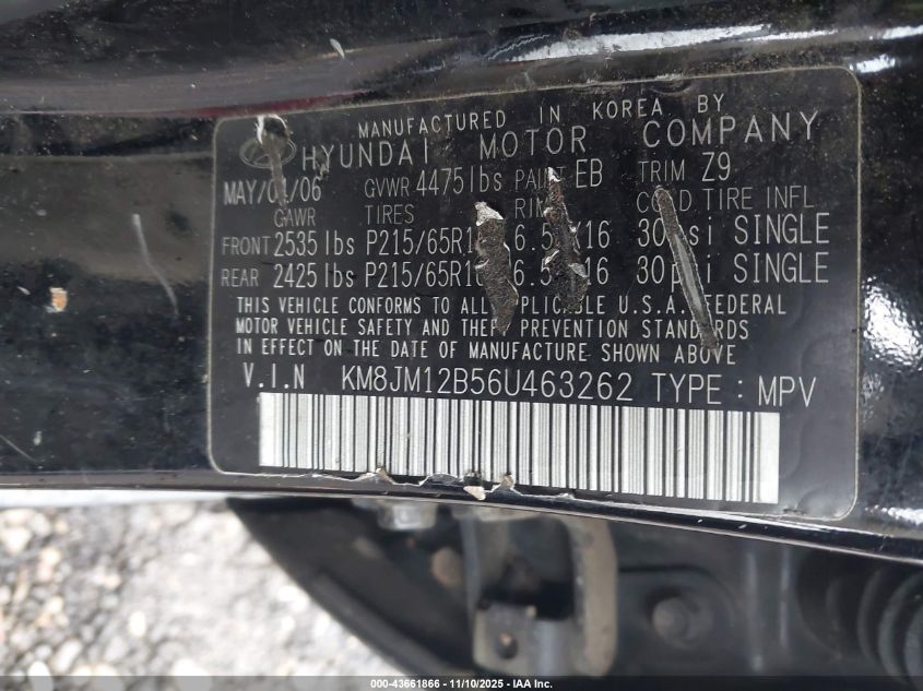 2006 Hyundai Tucson Gl VIN: KM8JM12B56U463262 Lot: 43661866
