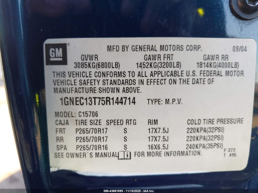 2005 Chevrolet Tahoe Lt VIN: 1GNEC13T75R144714 Lot: 43661895
