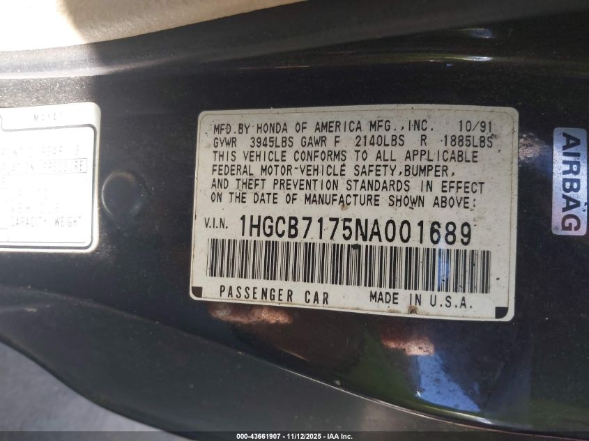 1992 Honda Accord Ex VIN: 1HGCB7175NA001689 Lot: 43661907