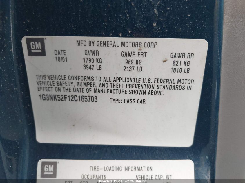 2002 Oldsmobile Alero Gx VIN: 1G3NK52F12C165703 Lot: 43661911