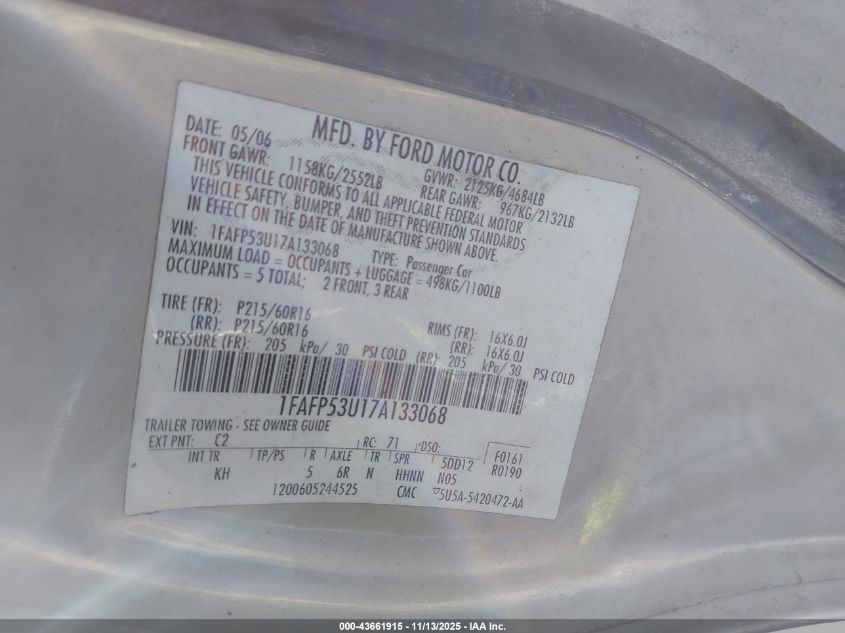 2007 Ford Taurus Se VIN: 1FAFP53U17A133068 Lot: 43661915