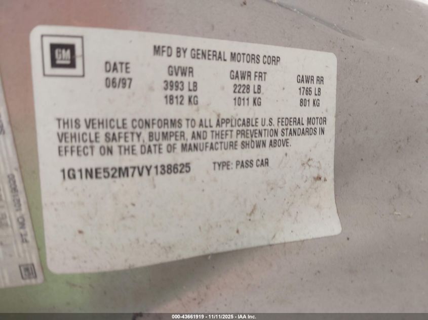 1997 Chevrolet Malibu Ls VIN: 1G1NE52M7VY138625 Lot: 43661919