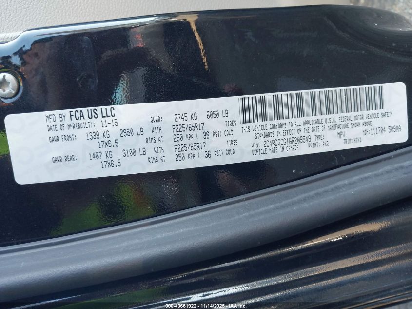 2016 Dodge Grand Caravan VIN: S2C4RDGC1GR209549 Lot: 43661922