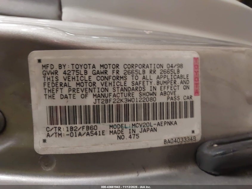 JT2BF22K3W0122080 1998 TOYOTA CAMRY photo no. 9