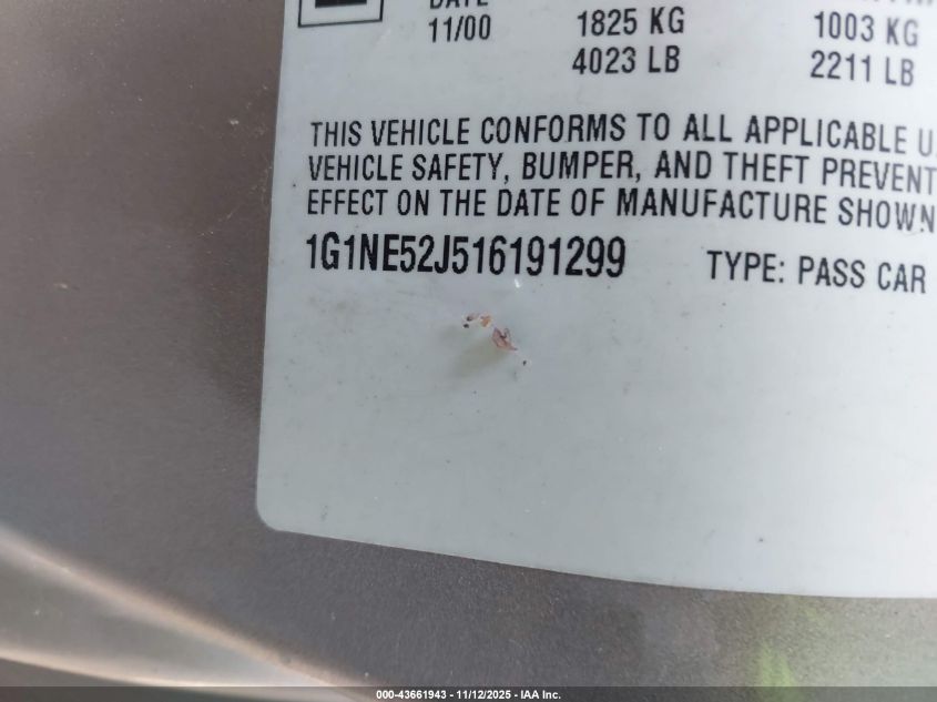 2001 Chevrolet Malibu Ls VIN: 1G1NE52J516191299 Lot: 43661943