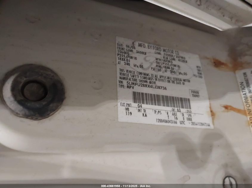 2004 Lincoln Navigator VIN: 5LMFU28RX4LJ38736 Lot: 43661958