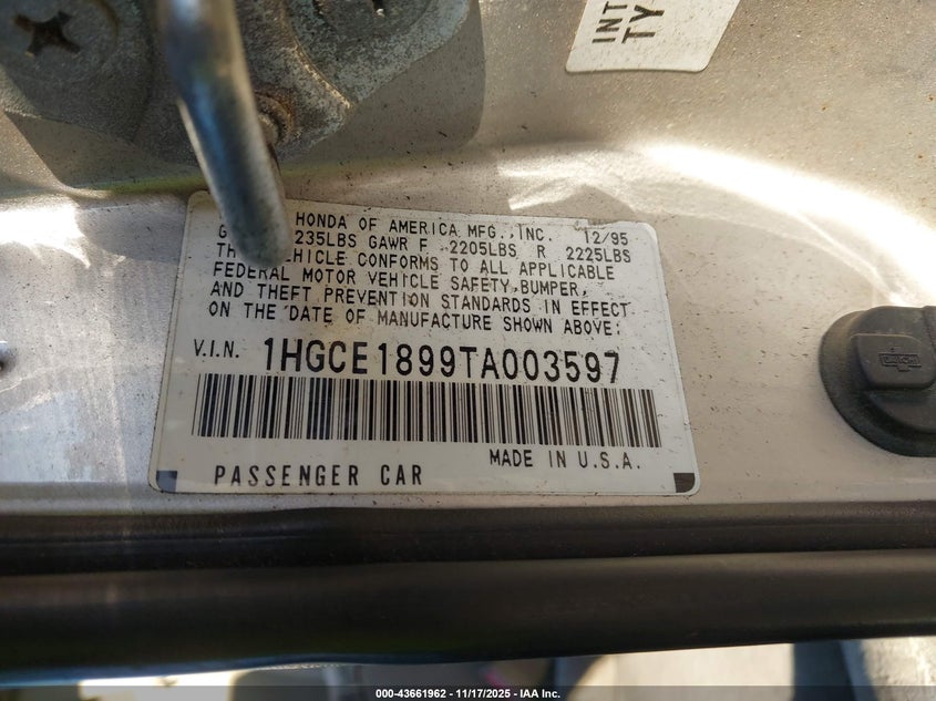 1996 Honda Accord Ex VIN: 1HGCE1899TA003597 Lot: 43661962