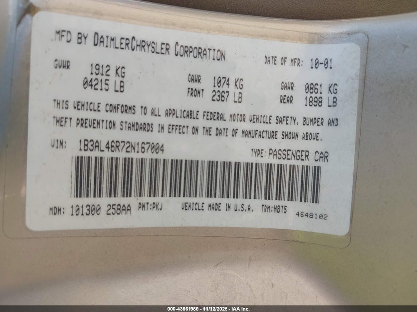 2002 Dodge Stratus Se Plus VIN: 1B3AL46R72N167004 Lot: 43661980