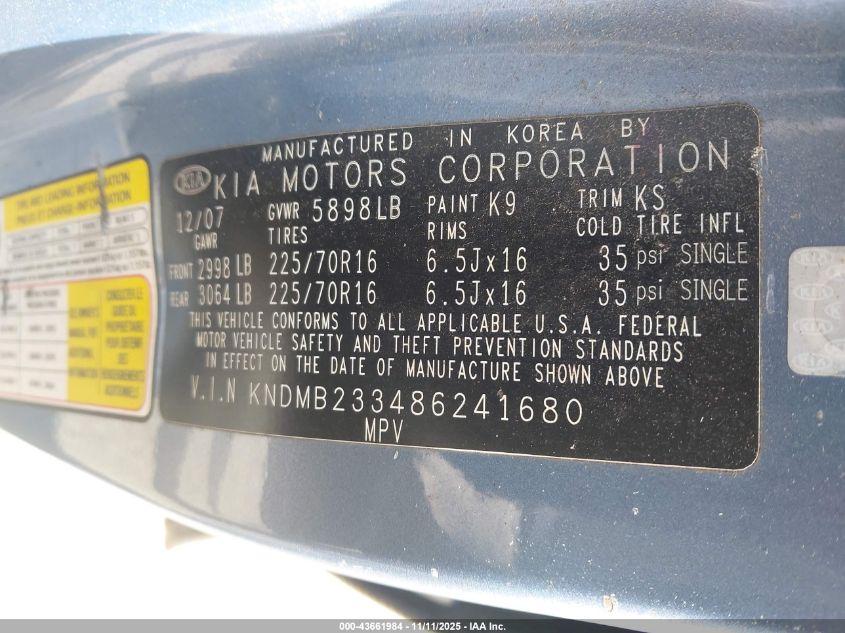 2008 Kia Sedona Lx VIN: KNDMB233486241680 Lot: 43661984