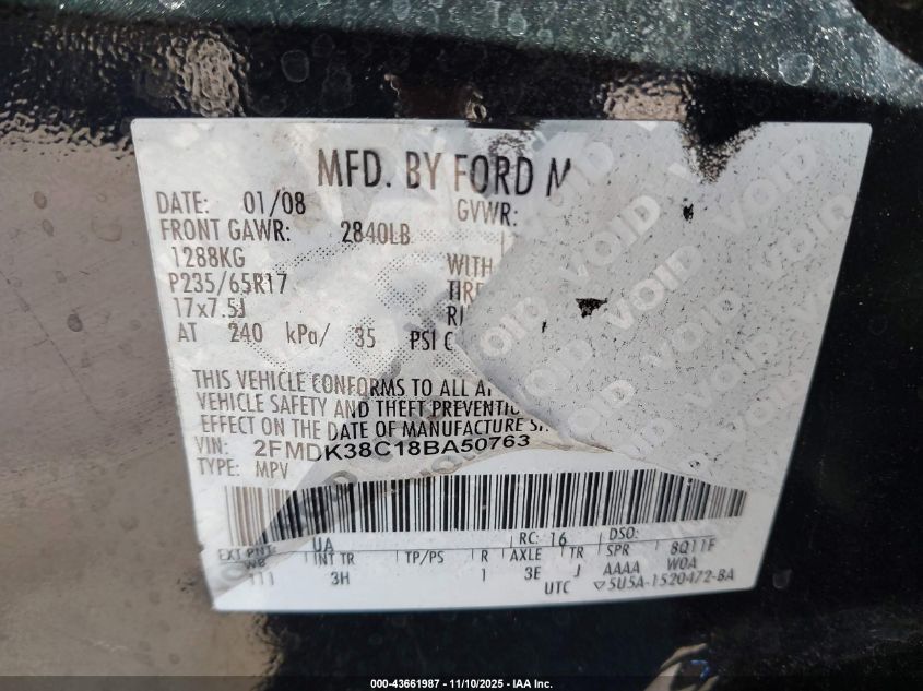 2008 Ford Edge Sel VIN: 2FMDK38C18BA50763 Lot: 43661987