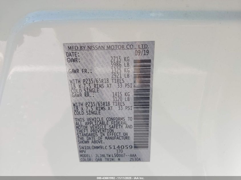 2020 Infiniti Qx60 Luxe Awd VIN: 5N1DL0MM9LC514059 Lot: 43661992