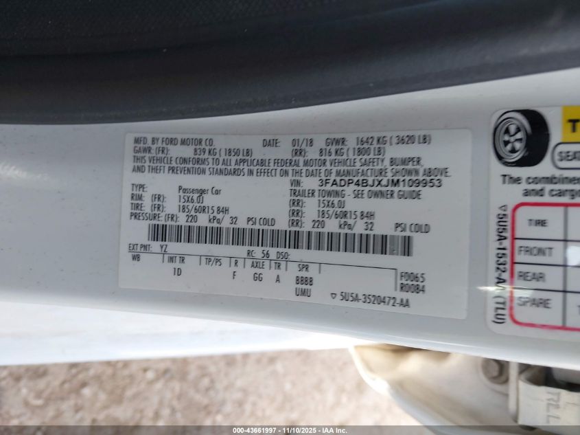 2018 Ford Fiesta Se VIN: 3FADP4BJXJM109953 Lot: 43661997