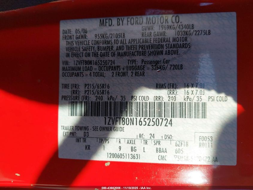 2006 Ford Mustang V6 VIN: 1ZVFT80N165250724 Lot: 43662006