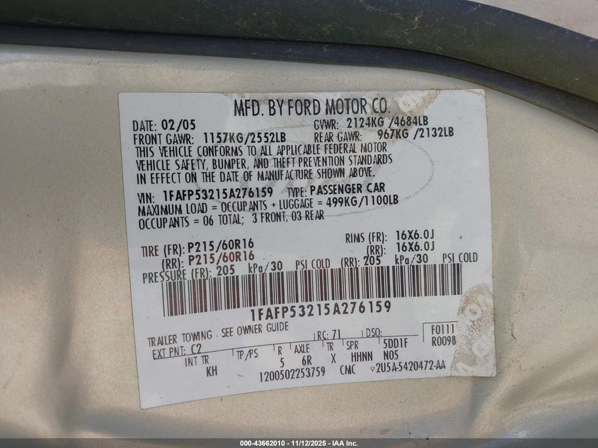 2005 Ford Taurus Se VIN: 1FAFP53215A276159 Lot: 43662010