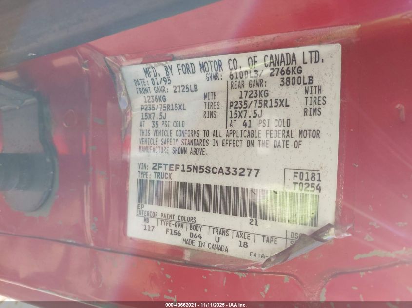 1995 Ford F150 VIN: 2FTEF15N5SCA33277 Lot: 43662021
