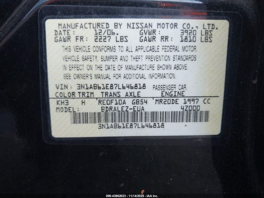 2007 Nissan Sentra 2.0S VIN: 3N1AB61E87L646818 Lot: 43662023