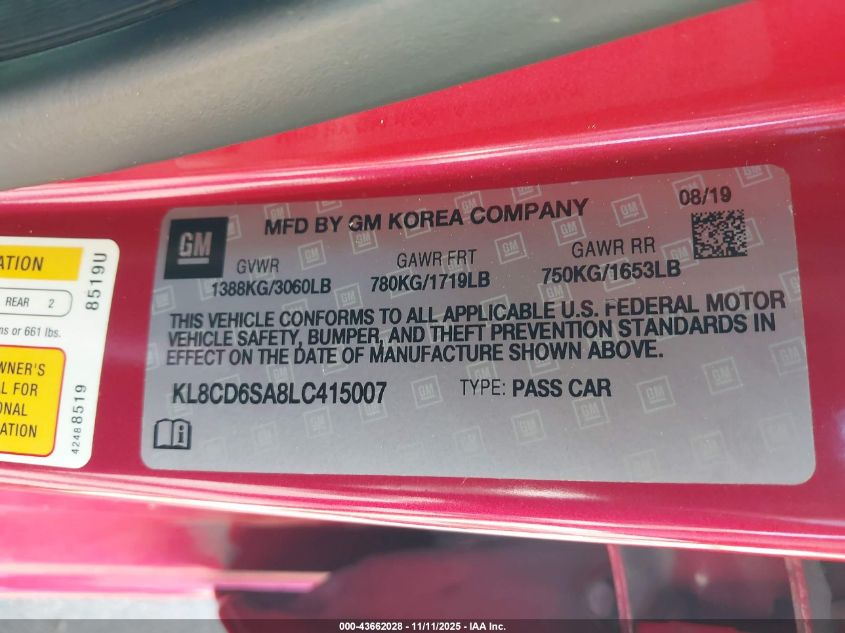 2020 Chevrolet Spark Fwd 1Lt Automatic VIN: KL8CD6SA8LC415007 Lot: 43662028