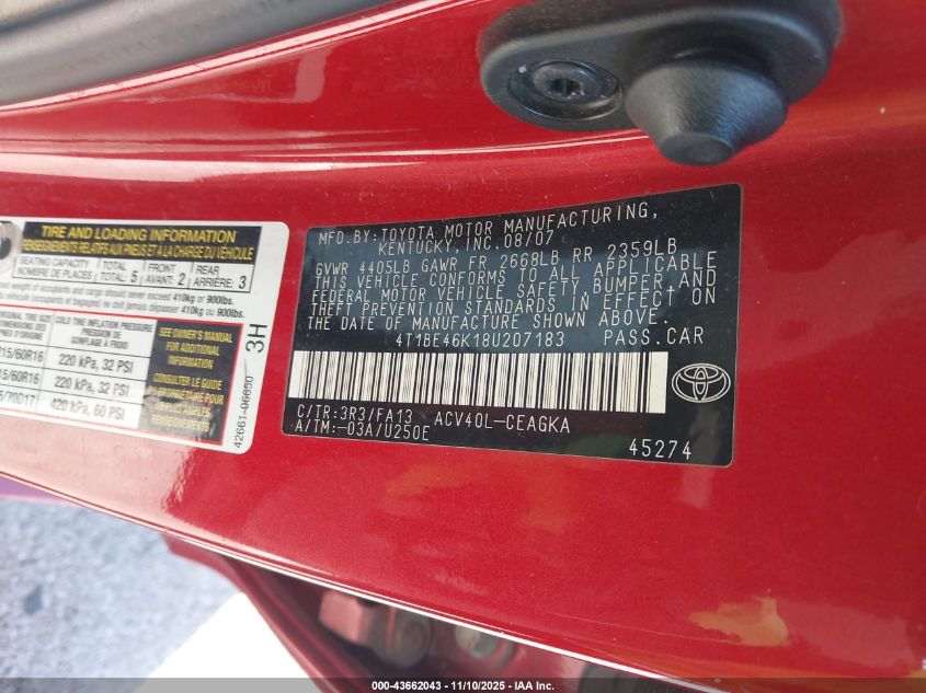 2008 Toyota Camry Xle VIN: 4T1BE46K18U207183 Lot: 43662043