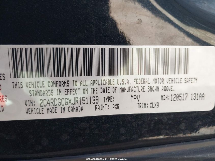 2018 Dodge Grand Caravan Sxt VIN: 2C4RDGCGXJR151139 Lot: 43662065