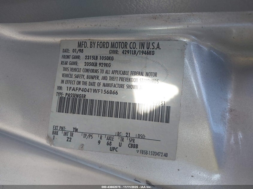 1998 Ford Mustang VIN: 1FAFP4041WF156866 Lot: 43662075