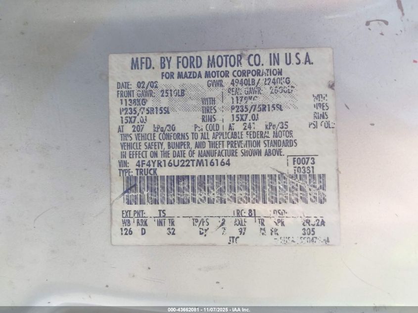 2002 Mazda B3000 Ds VIN: 4F4YR16U22TM16164 Lot: 43662081