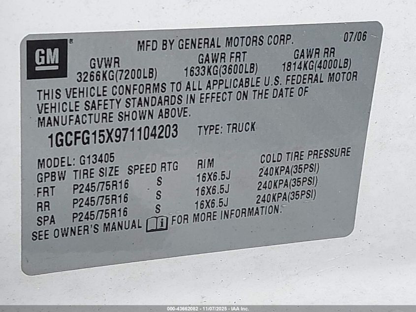 2007 Chevrolet Express Work Van VIN: 1GCFG15X971104203 Lot: 43662082