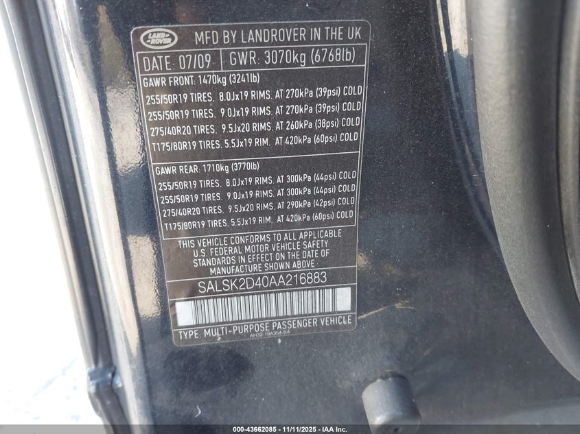 SALSK2D40AA216883 2010 LAND ROVER RANGE ROVER SPORT photo no. 9