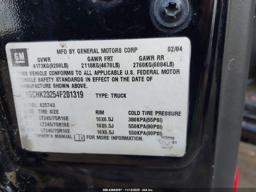 2004 Chevrolet Silverado 2500Hd Ls VIN: 1GCHK23254F201319 Lot: 43662097