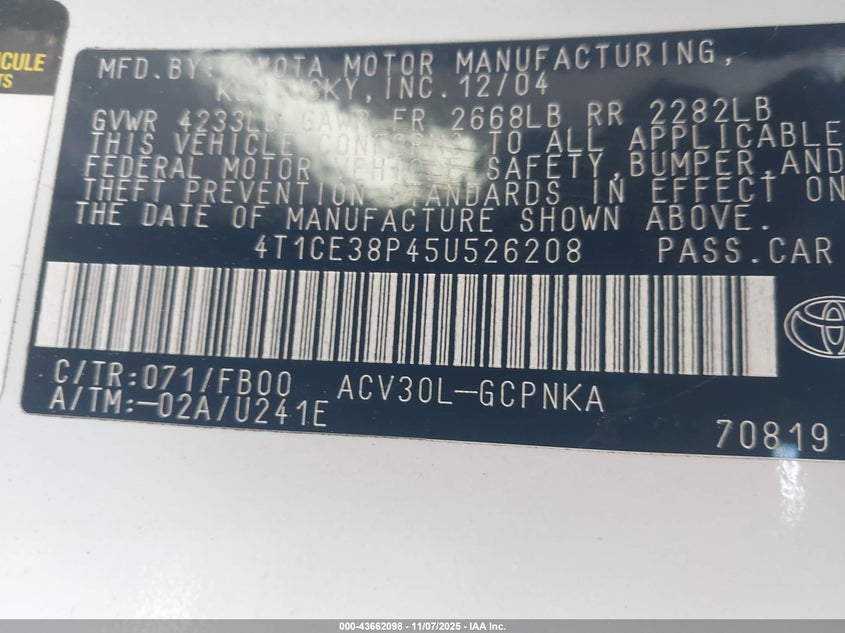 2005 Toyota Camry Solara Se VIN: 4T1CE38P45U526208 Lot: 43662098