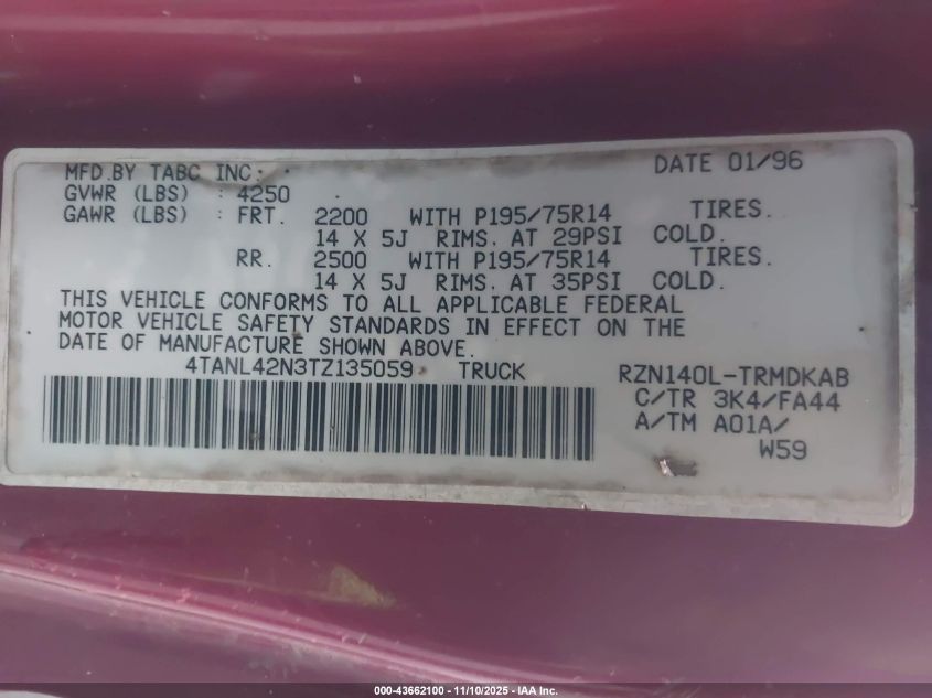 1996 Toyota Tacoma VIN: 4TANL42N3TZ135059 Lot: 43662100