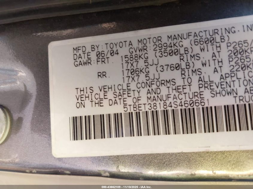 2004 Toyota Tundra Limited V8 VIN: 5TBET38184S460661 Lot: 43662109