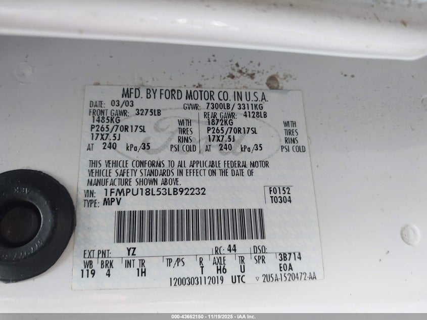 1FMPU18L53LB92232 2003 FORD EXPEDITION photo no. 9