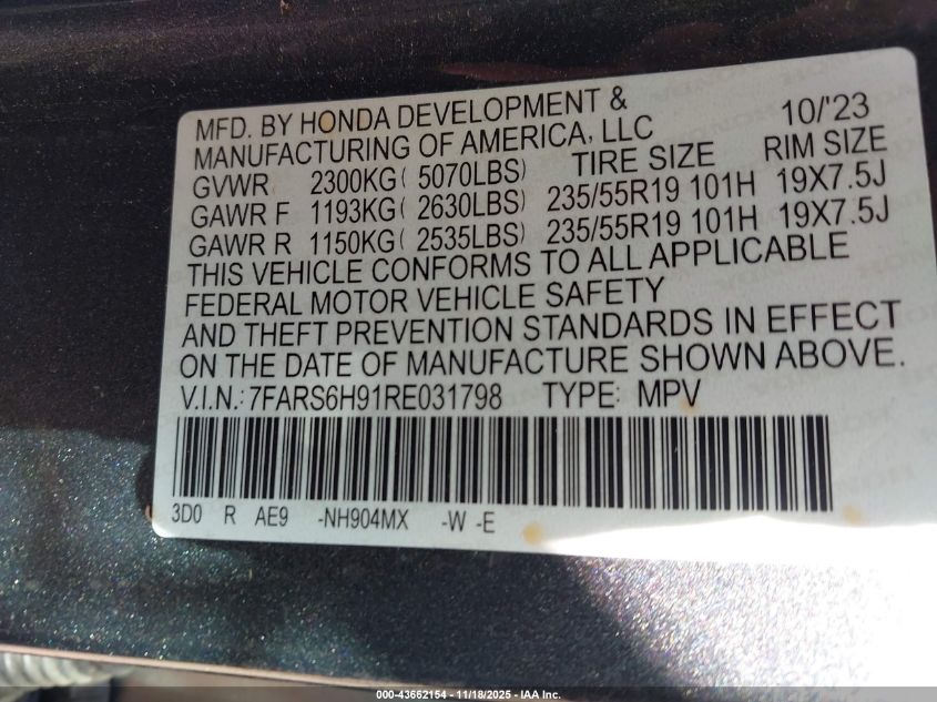 2024 Honda Cr-V Hybrid Sport Touring VIN: 7FARS6H91RE031798 Lot: 43662154