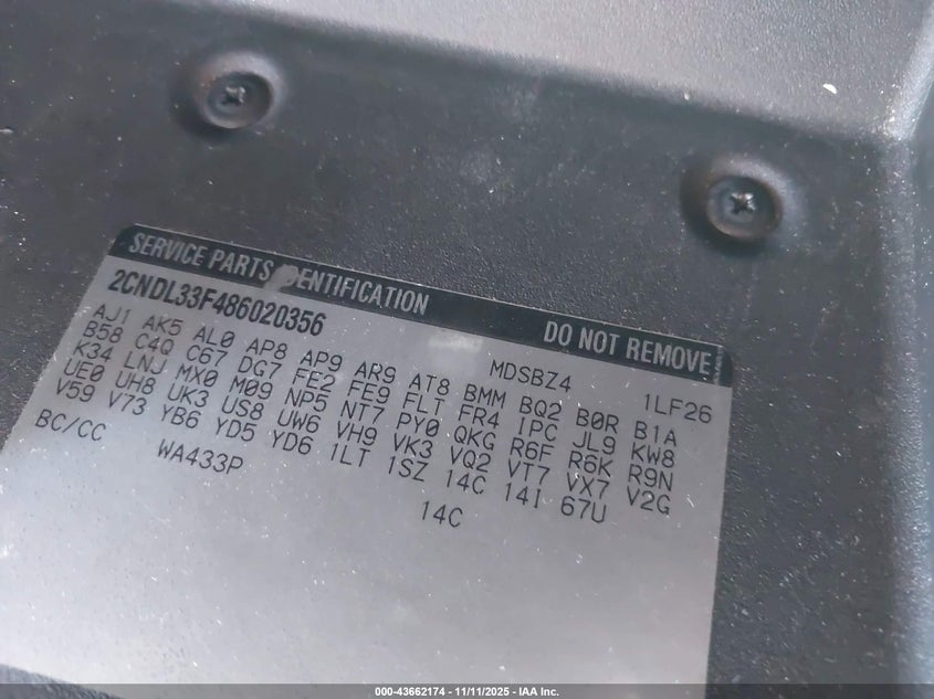 2008 Chevrolet Equinox Lt VIN: 2CNDL33F486020356 Lot: 43662174