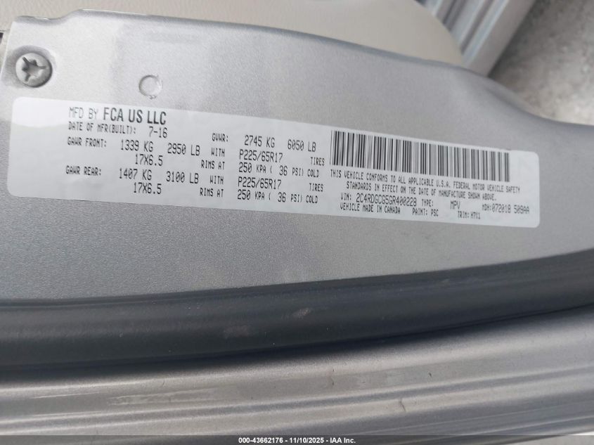 2016 Dodge Grand Caravan Sxt VIN: 2C4RDGCG5GR400228 Lot: 43662176