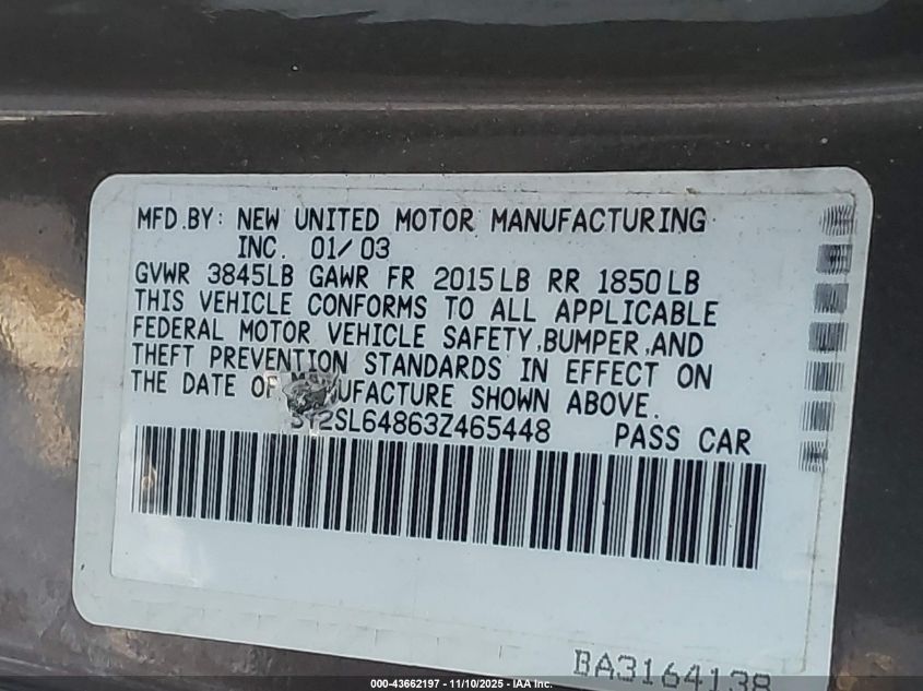 2003 Pontiac Vibe 5Y2SL64863Z465448 from the USA