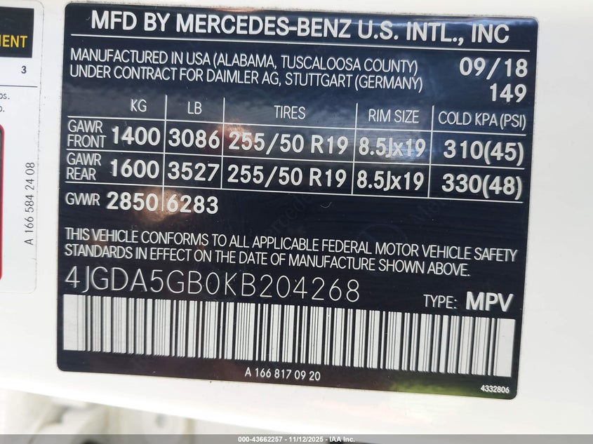 2019 MERCEDES-BENZ GLE 400 4MATIC 4JGDA5GB0KB204268
