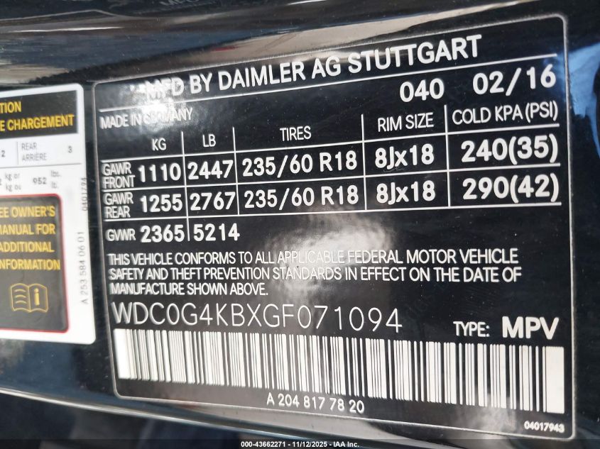 2016 Mercedes-Benz Glc 300 4Matic VIN: WDC0G4KBXGF071094 Lot: 43662271