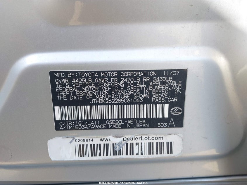 2008 Lexus Is 250 VIN: JTHBK262285061063 Lot: 43662280