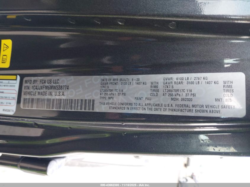 2021 Jeep Wrangler Unlimited Rubicon 4X4 VIN: 1C4JJXFM6MW538774 Lot: 43662300