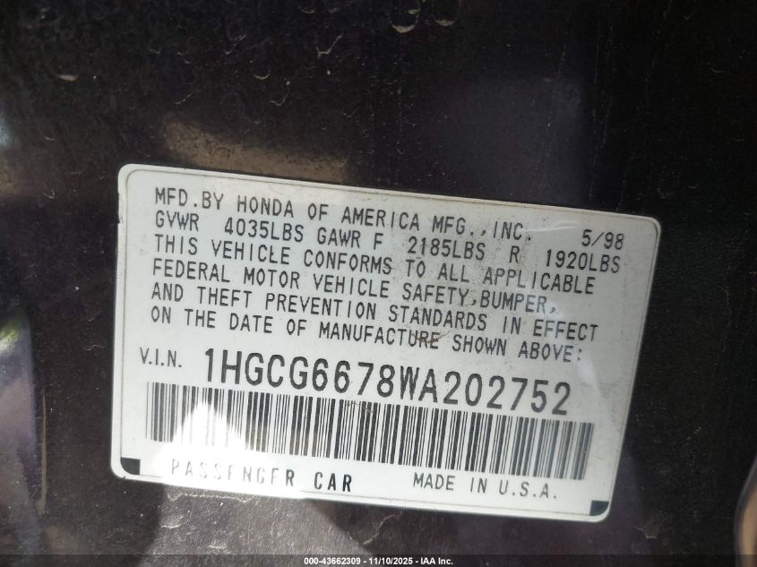 1998 Honda Accord Ex VIN: 1HGCG6678WA202752 Lot: 43662309